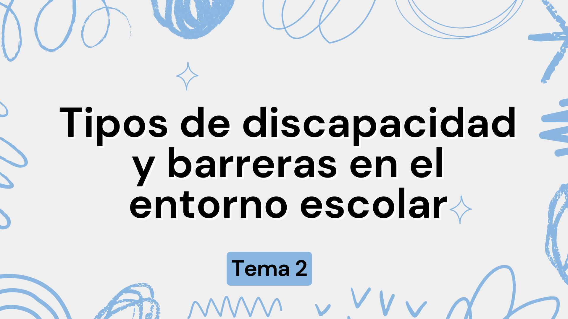 Portada del tema 2 "Tipos de discapacidades y barreras en el entorno escolar" El fondo es de color azul claro con pequeñas figuras decorativas en forma de confeti. En el centro superior aparece el título en letras negras grandes: “Tipos de discapacidades y barreras en el entorno escolar”, precedido por la palabra "Tema 2" en azul más pequeño