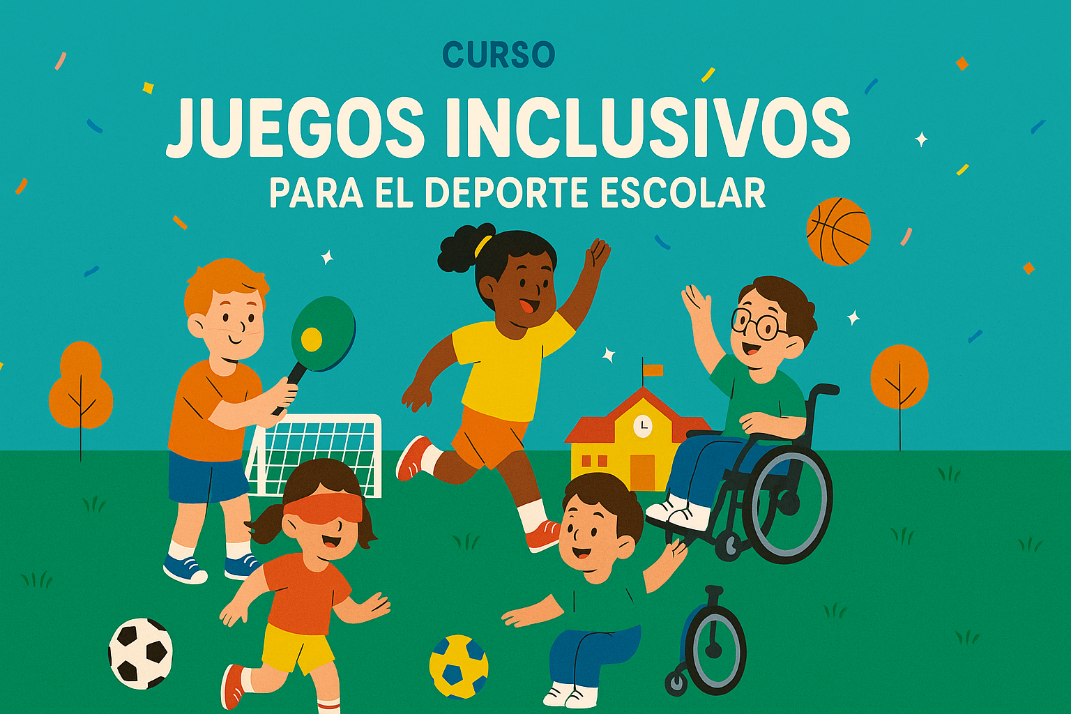 Portada del curso "Juegos Inclusivos para el Deporte Escolar", con una ilustración animada y colorida en estilo 2D. El fondo es de color turquesa con pequeñas figuras decorativas en forma de confeti. En el centro superior aparece el título en letras blancas grandes: “Juegos Inclusivos para el Deporte Escolar”, precedido por la palabra "Curso" en azul más pequeño. En el campo verde del primer plano, cinco niños y niñas participan alegremente en actividades deportivas inclusivas: una niña ciega corre con un balón, un niño en silla de ruedas juega fútbol, otro lanza una pelota de baloncesto, una niña corre levantando el brazo, y un niño juega con una paleta de ping-pong frente a una portería. Al fondo, se ve una escuela amarilla con techo rojo. Los personajes son diversos en tono de piel y habilidades, transmitiendo un mensaje de inclusión y alegría.